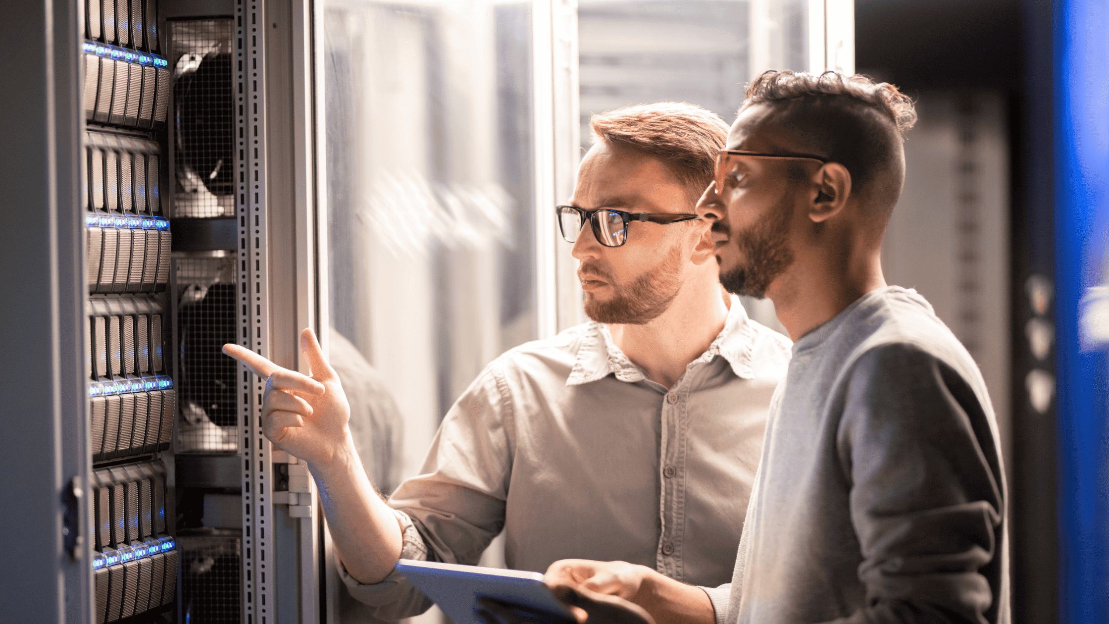 Two IT professionals discussing in front of servers.