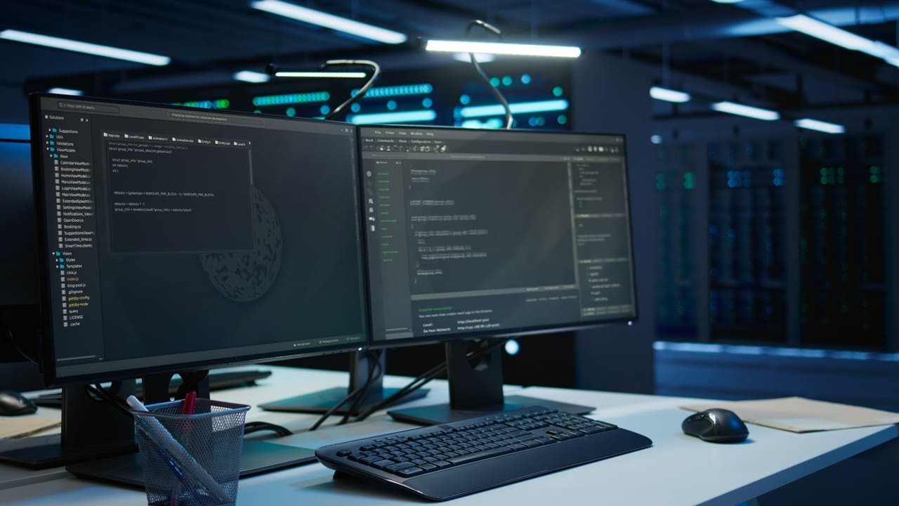 Set up a professional Security Operations Center (SOC) with dual monitors.
