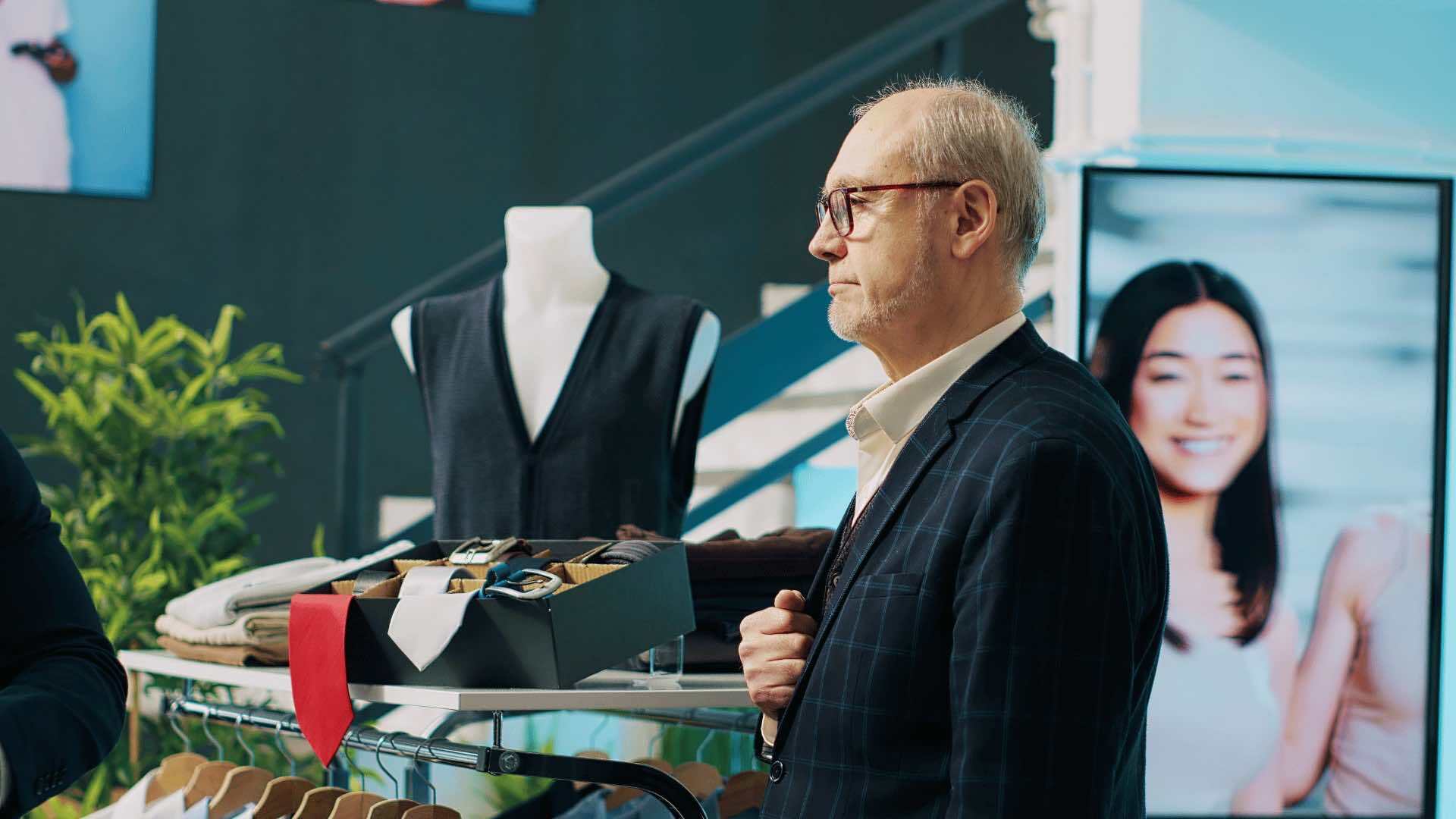 A person standing near a display of clothing and accessories, including a mannequin wearing a black sleeveless top and a box of items on a table.