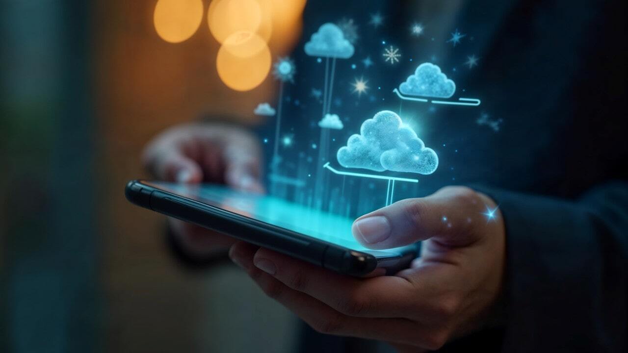 Điện thoại thông minh hiển thị mô hình đám mây kỹ thuật số 3D.