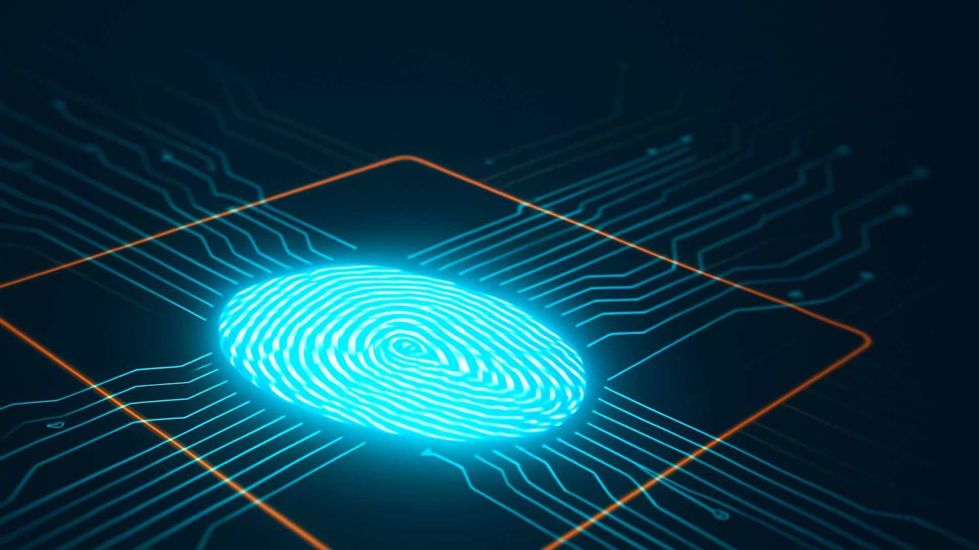 A glowing blue fingerprint inside an orange square frame on a dark background with circuit-like lines, symbolizing biometric authentication and digital security.