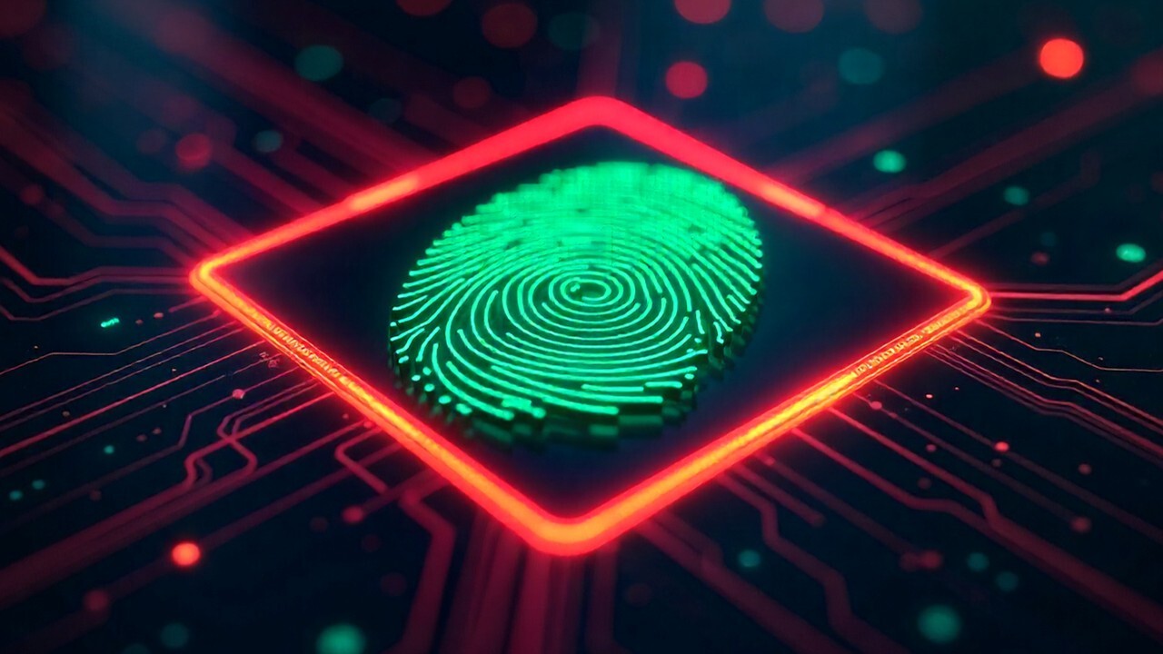 A glowing blue fingerprint inside an orange square frame