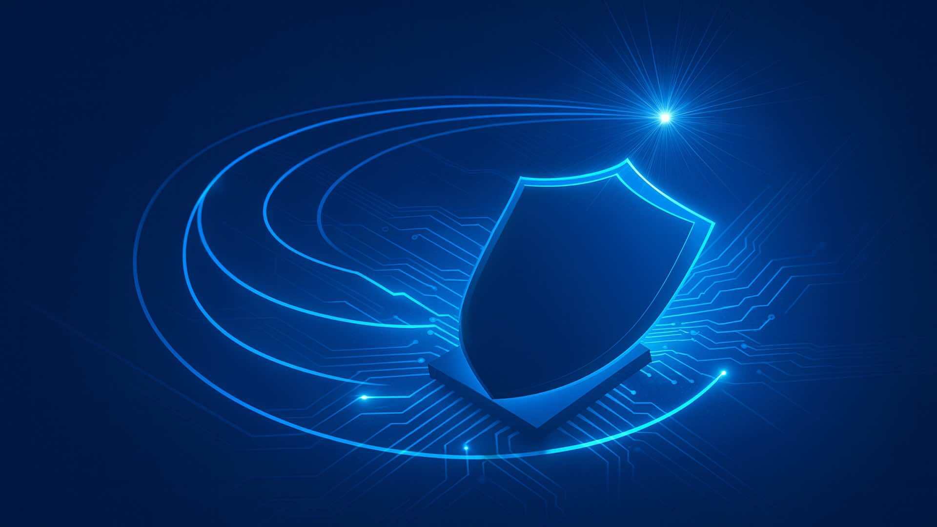 A glowing blue shield icon on a dark background with circuit-like patterns and light trails, symbolizing cybersecurity and digital protection.