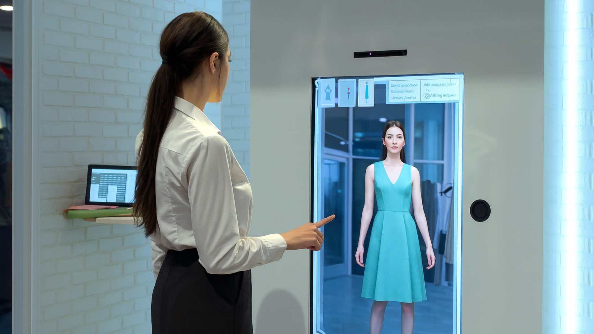 Một người đang tương tác với màn hình kỹ thuật số lớn hiển thị thử đồ ảo với chiếc váy màu xanh ngọc, gợi lên công nghệ gương thông minh hoặc thử đồ trực tuyến.
