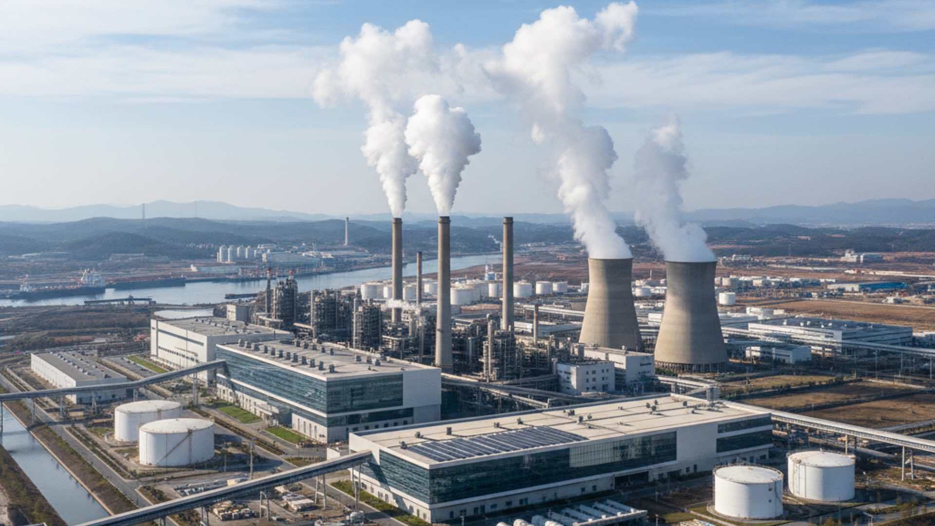 A large industrial plant with multiple smokestacks and cooling towers emitting white smoke, surrounded by modern buildings, storage tanks, and pipelines.
