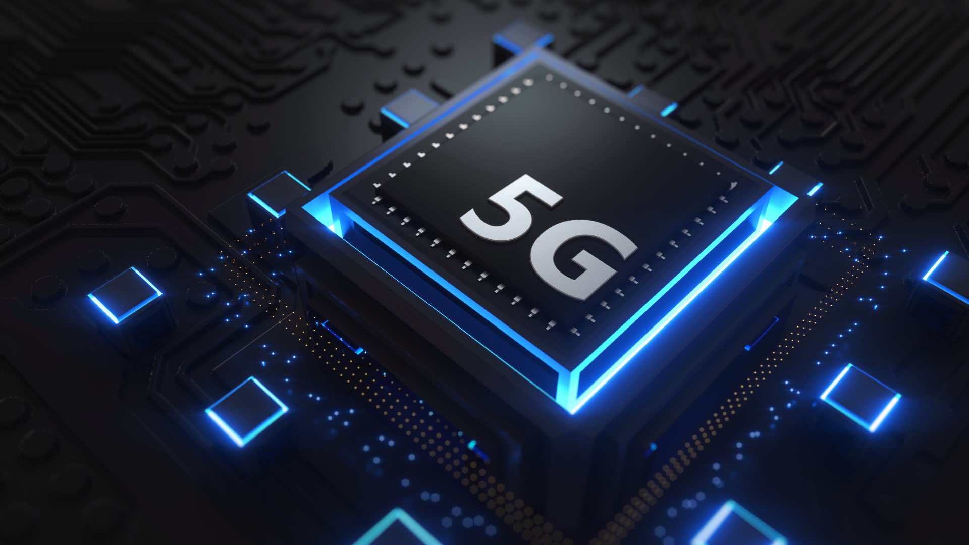 A glowing 5G chip on a dark circuit board, symbolizing advanced connectivity and next-generation technology.