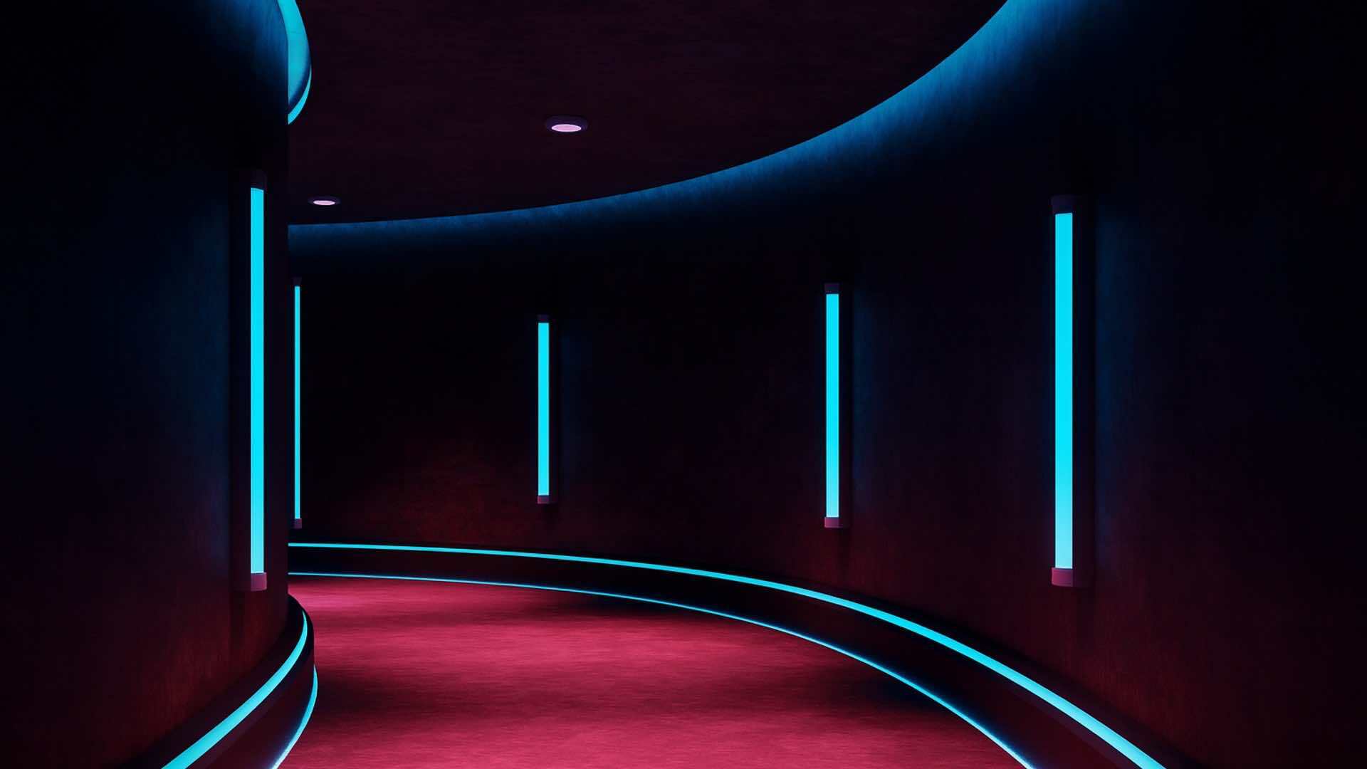 A curved hallway with dark walls illuminated by vertical blue neon lights and a glowing blue strip along the floor, creating a futuristic ambiance.