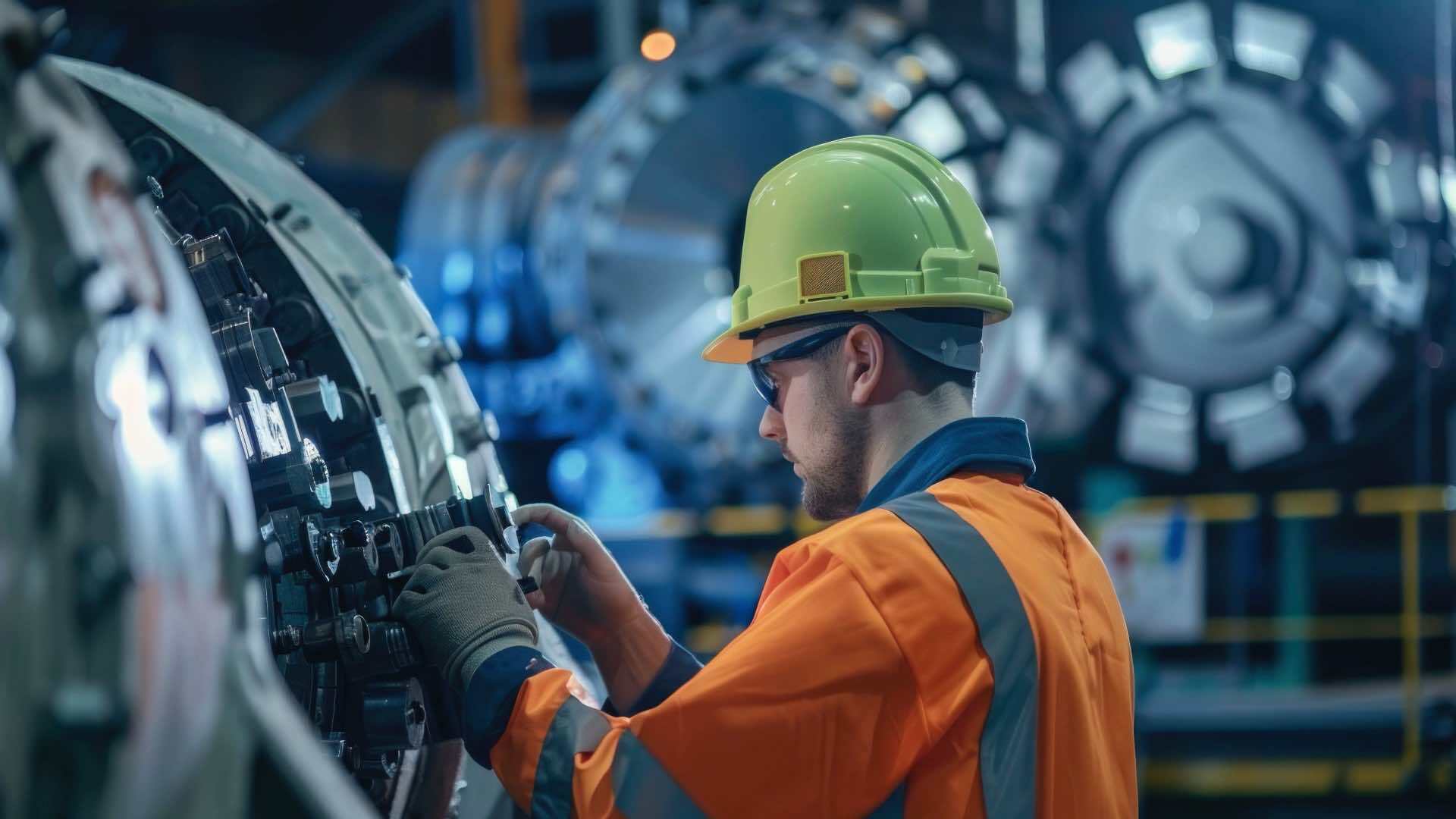 A worker is repairing a machine in factory