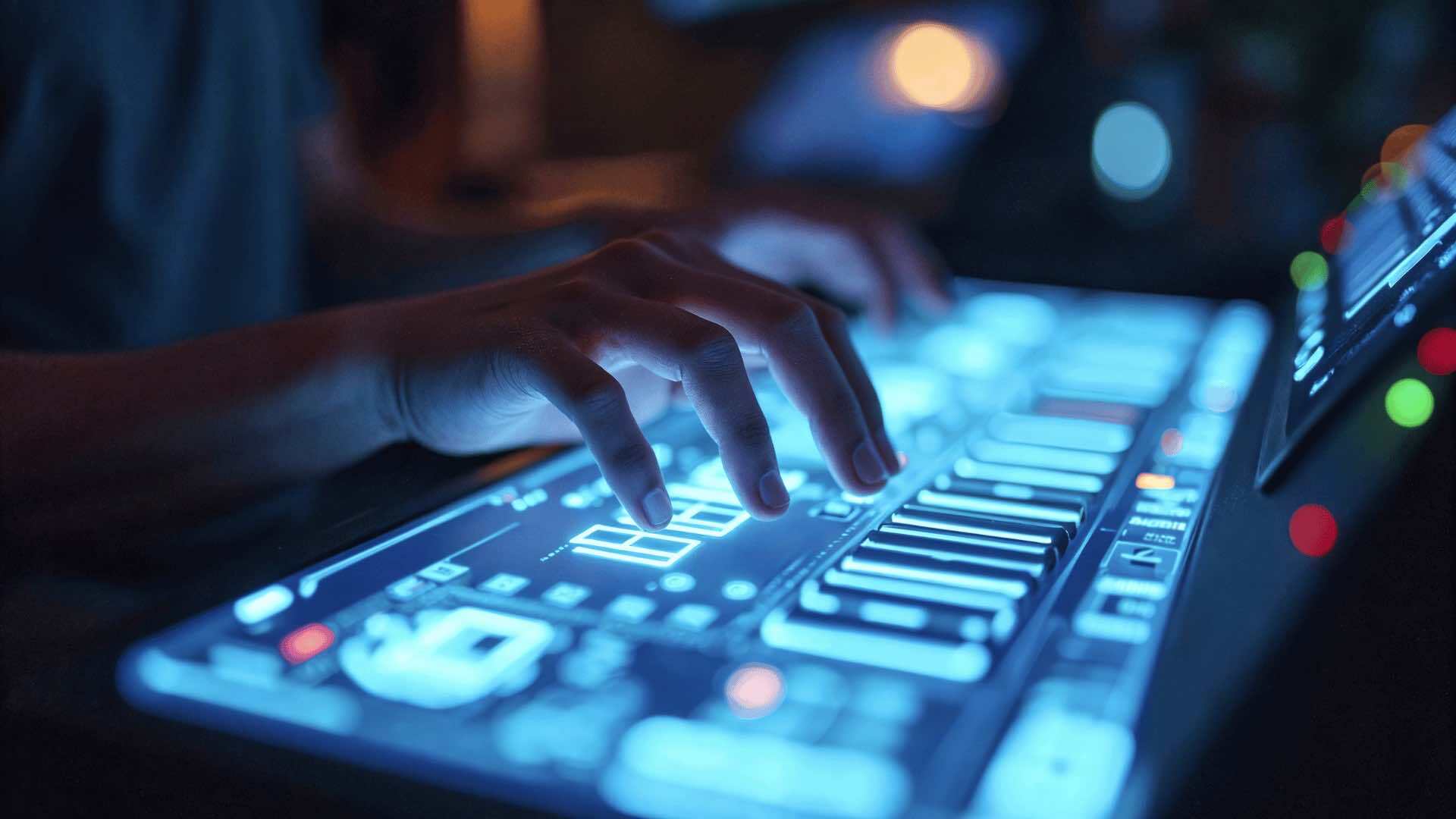 A hand operating a glowing blue touchscreen control panel with various buttons and graphical elements, suggesting a high-tech or digital interface.