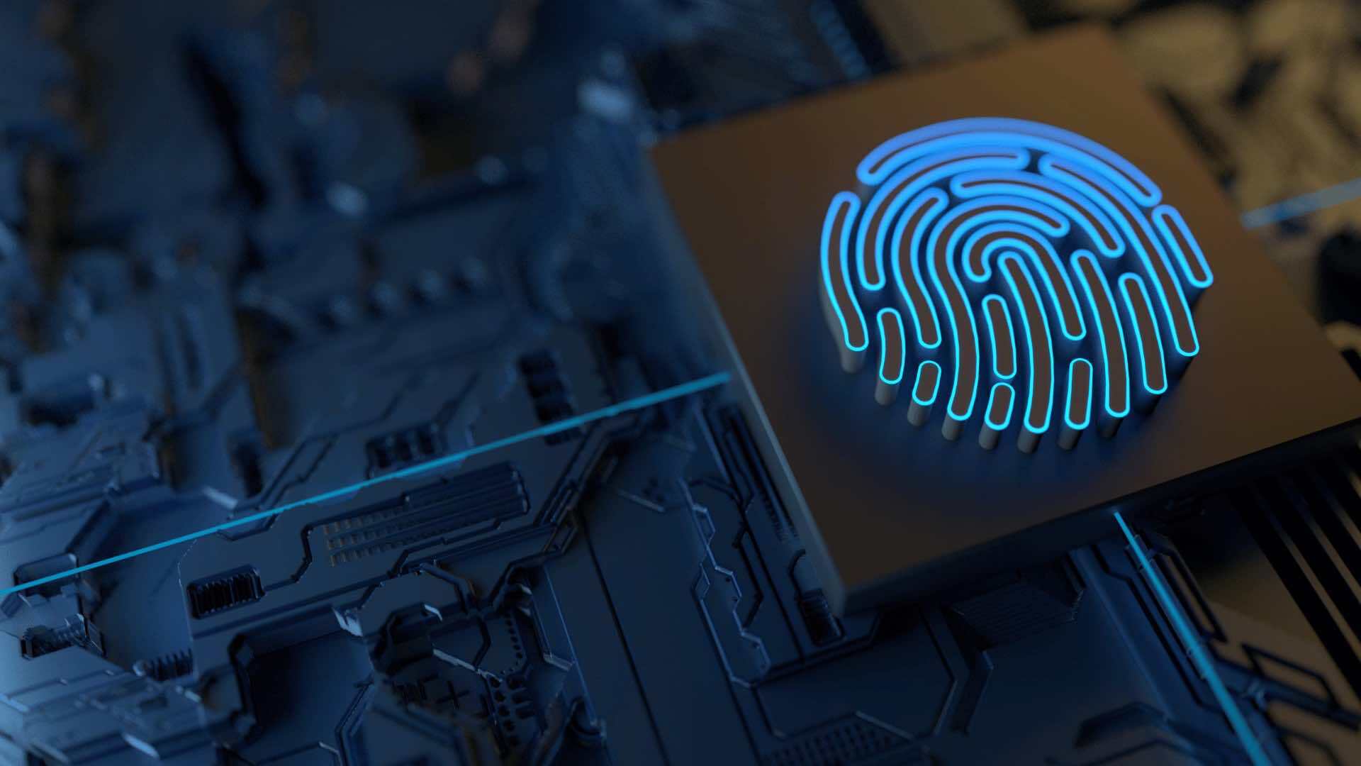 A glowing blue fingerprint icon on a dark circuit board, symbolizing digital security or biometric authentication.