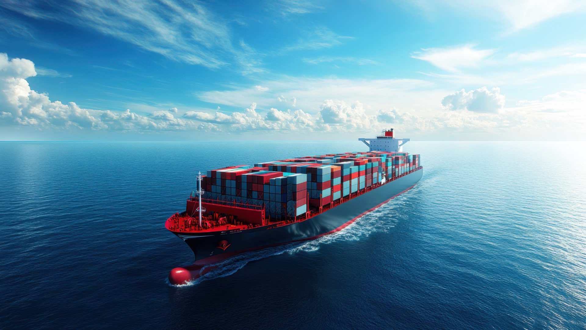 Một con tàu chở container đang di chuyển trên biển xanh.