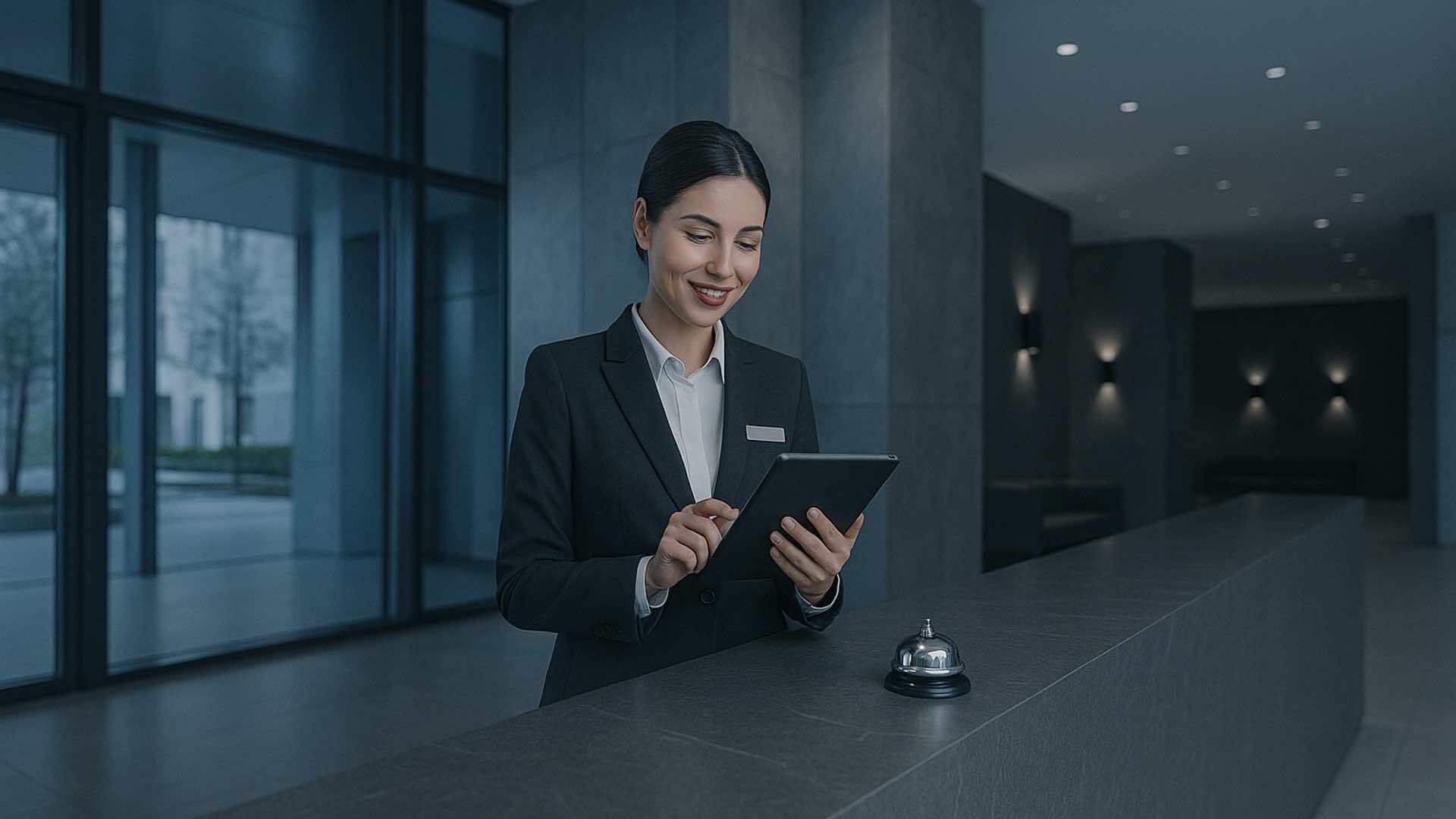 Hotel manager excitedly manages her work via Smart Hotel system