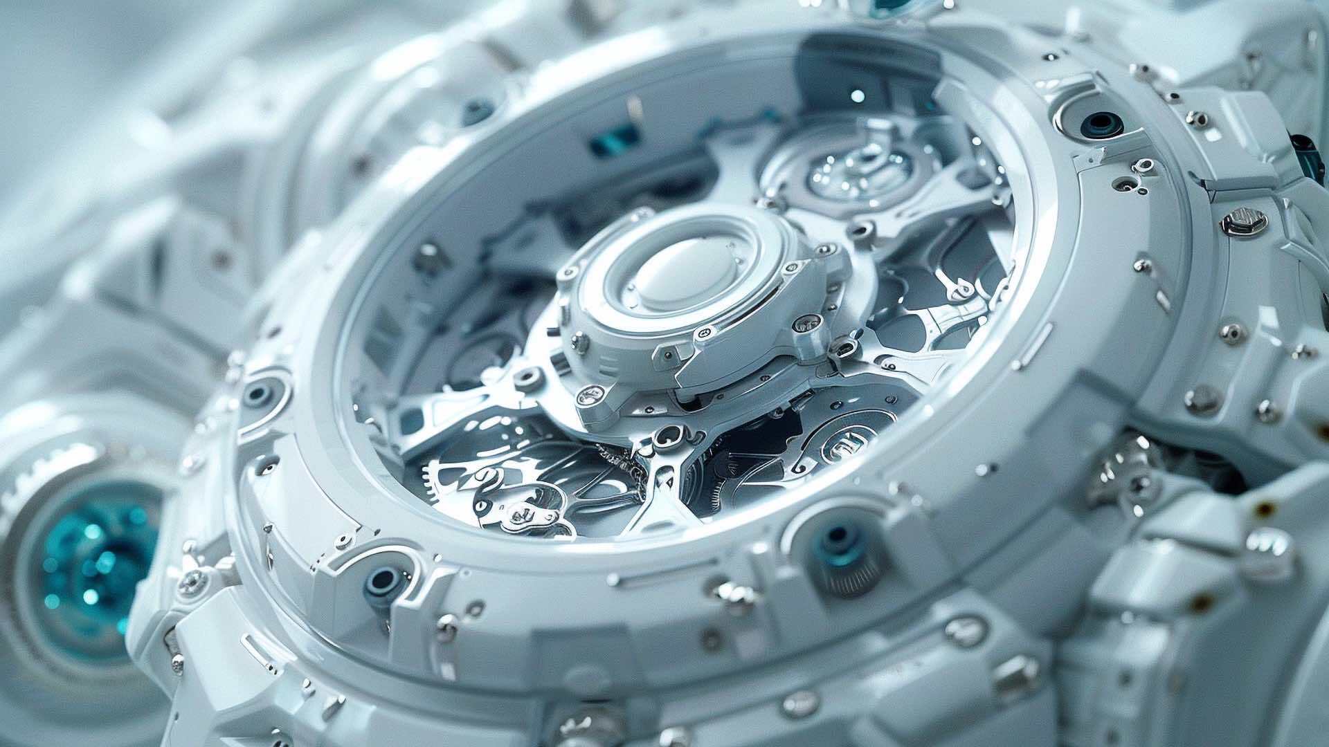 A close-up view of a highly detailed mechanical or futuristic component