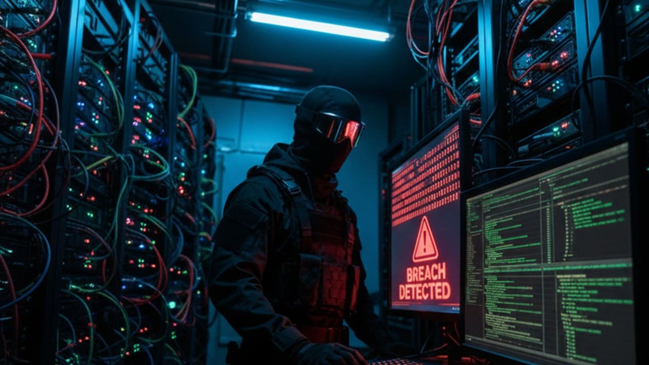 Hacker tấn công hệ thống phòng máy chủ, màn hình hiển thị 