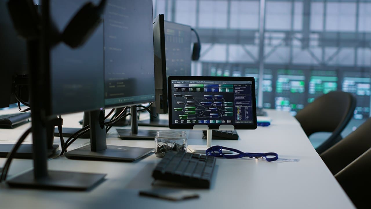 Máy tính bảng hiển thị biểu đồ dữ liệu trong phòng máy chủ hiện đại.