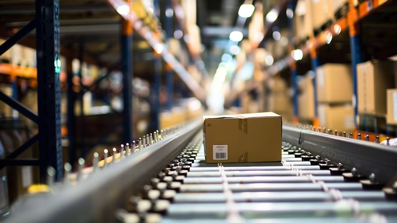 Một thùng hàng đang di chuyển trên băng chuyền trong kho logistics