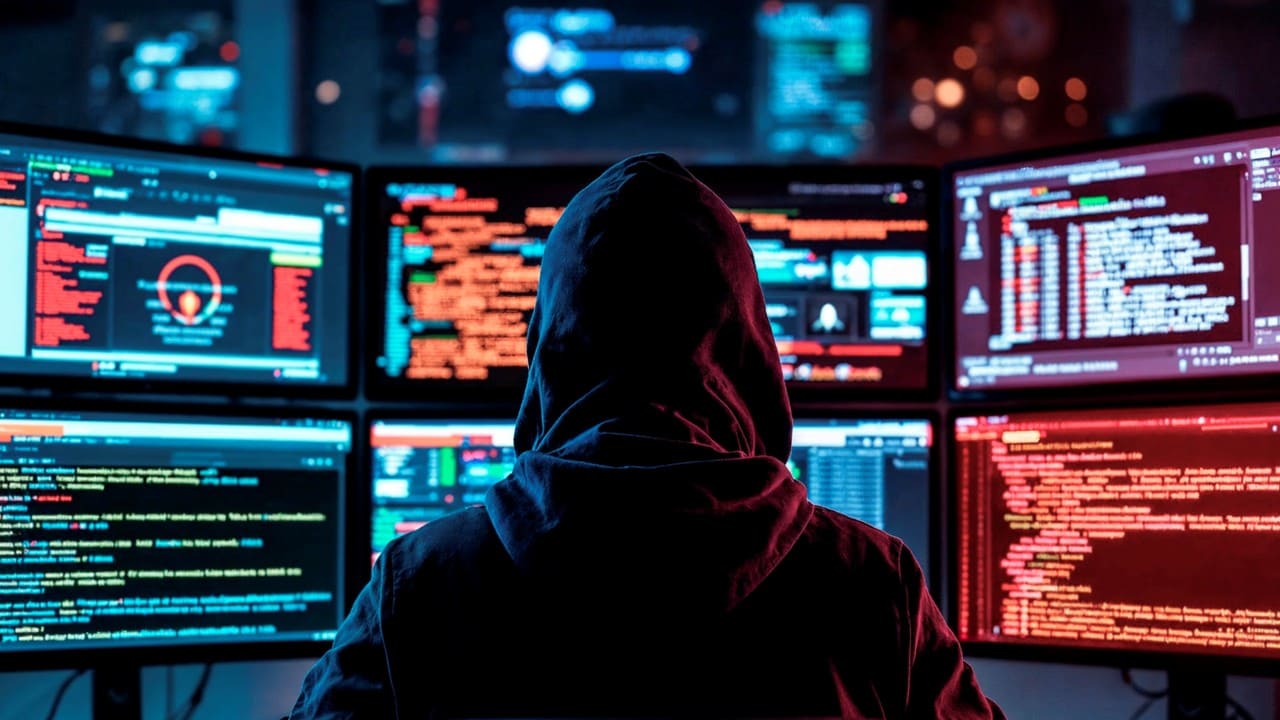 Tin tặc ngồi trước hệ thống nhiều màn hình máy tính hiển thị các dòng mã lệnh và cảnh báo bảo mật